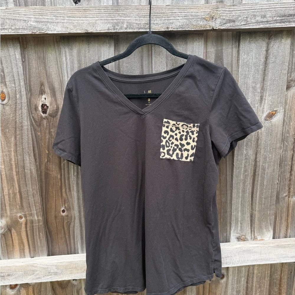 Black V-Neck Tee with Leopard Print Pocket